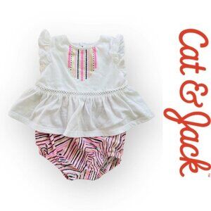 Cat & Jack Baby | Pink and White Aztec Peplum Bubble Romper | Size 18 Months